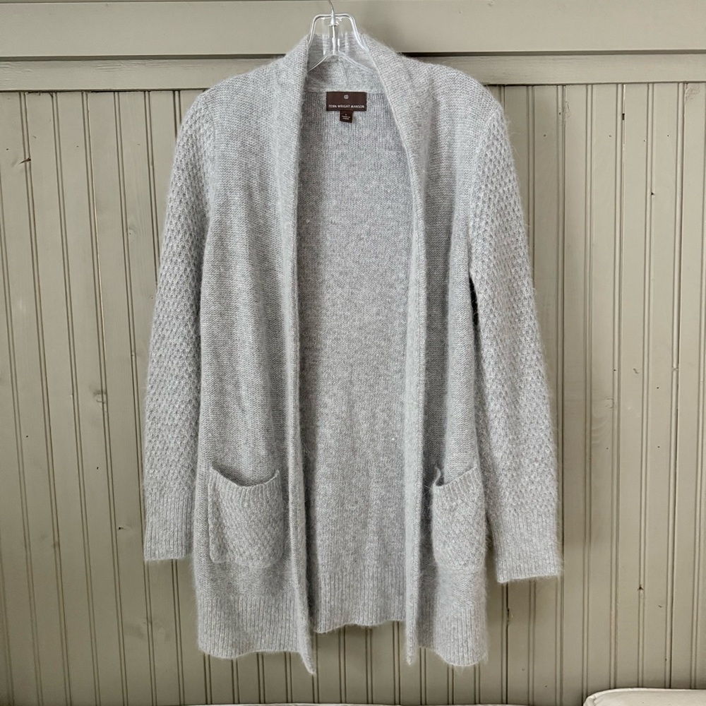 Fenn Wright Gray Angora Blend Long Open Front Cardigan Sweater Large EUC Soft
